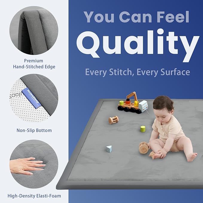 Huloo Sleep Ultra Soft Baby Play Mat for Floor, 1.3" Thick Elasti-Foam 65x50 Play Mat for Playpen,Water-Repellent Coral Velvet for Tummy Time, Non-Slip Backing,Safe for Toddlers & Infants（Dark Grey）