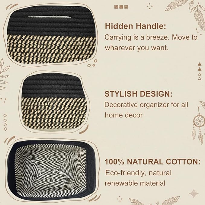 Small Woven Storage Baskets 2 Pack, 15"x11"x5.1" Decorative Storage Basket for Organizing Shelves, Closet, Nursery, Bathroom, Cotton Rope Basket, Black & Mixed Black