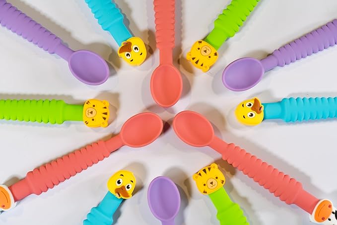 Little Grubbers 3-in-1 Silicone Baby Spoon Self Feeding 6+ Months - Pediatric OT Designed Teether Spoon, BPA Free Toddler Utensils, Mess-Free, Fun for Baby Led Weaning Supplies, Cow & Tiger