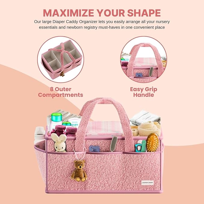 BREEZYBUBS Large Diaper Caddy Organizer with Dividers - Baby Basket for Nursery and Changing Table - Portable Storage with Strong Handles for Diapers, Wipes and Newborn Essentials