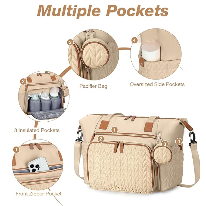 Tonyeee Diaper Bag Tote, Large Baby Diaper Bags Waterproof, Hospital Bag for Labor Delivery with Pacifier Case, Changing Pad, Shoulder Strap, khaki
