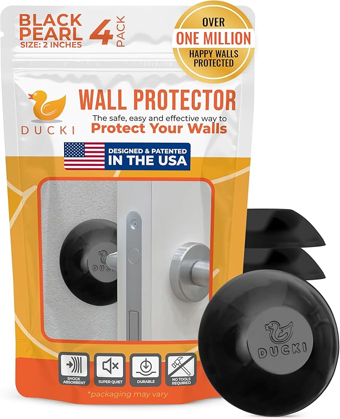 Ducki Wall Protectors - 4 Black Pearl- Self Adhesive, Reusable Solution for Stopping Wall Damage & Noise from Doors,Refrigerator & More in Your Home or Office -Durable, Shock Absorbent & Discreet