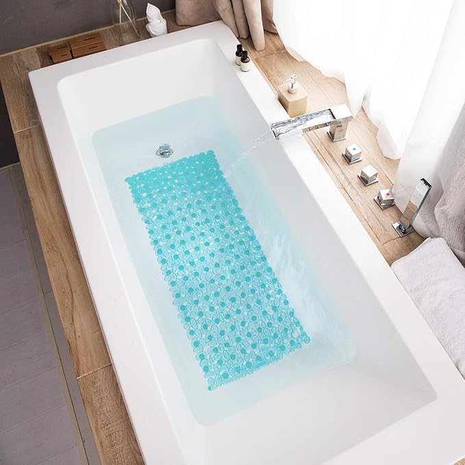 Bath Tub and Shower Mats, Non-Slip Pebble 35 x 16 Inches Machine Washable Bathtub Mat with Drain Holes, Suction Cups for Bathroom (Clear Teal)