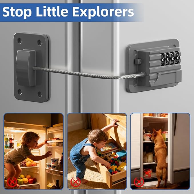 RORMGO Refrigerator Lock, Heavy Duty Fridge Locks for Kids, Freezer Lock with Combination for Refrigerator Drawer Cabinet Safety, Easy to Install No Keys Needed Grey