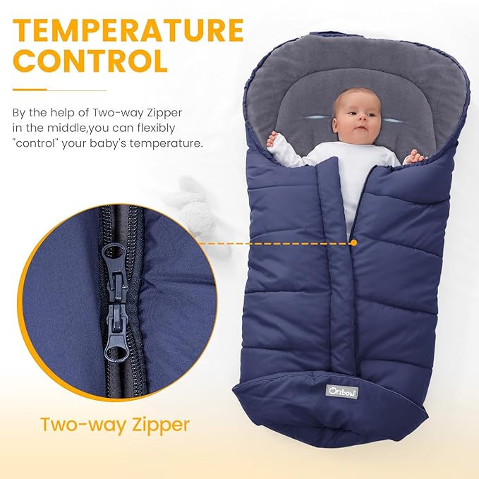 Orzbow Universal Footmuff for Stroller, Winter Warm Baby Bunting Bag, Waterproof Windproof Warm Polar Fleece Lined for Toddler Sleeping Bag, Blue
