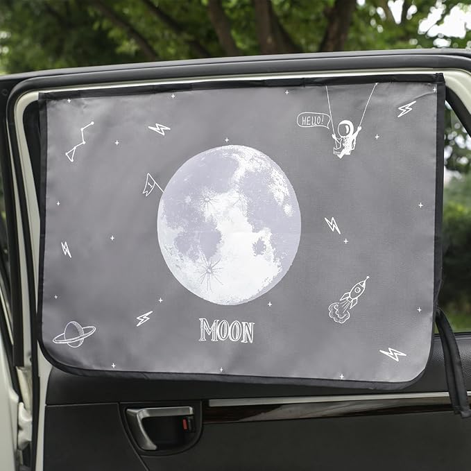 BEBEDECO Magnetic Car Sun Shade Curtain for Side Window – Sun Blocker and UV Protector for Baby, Kids, and Pets – Universal Fit with Built-in Magnets for Steel-Framed Door (Moon)