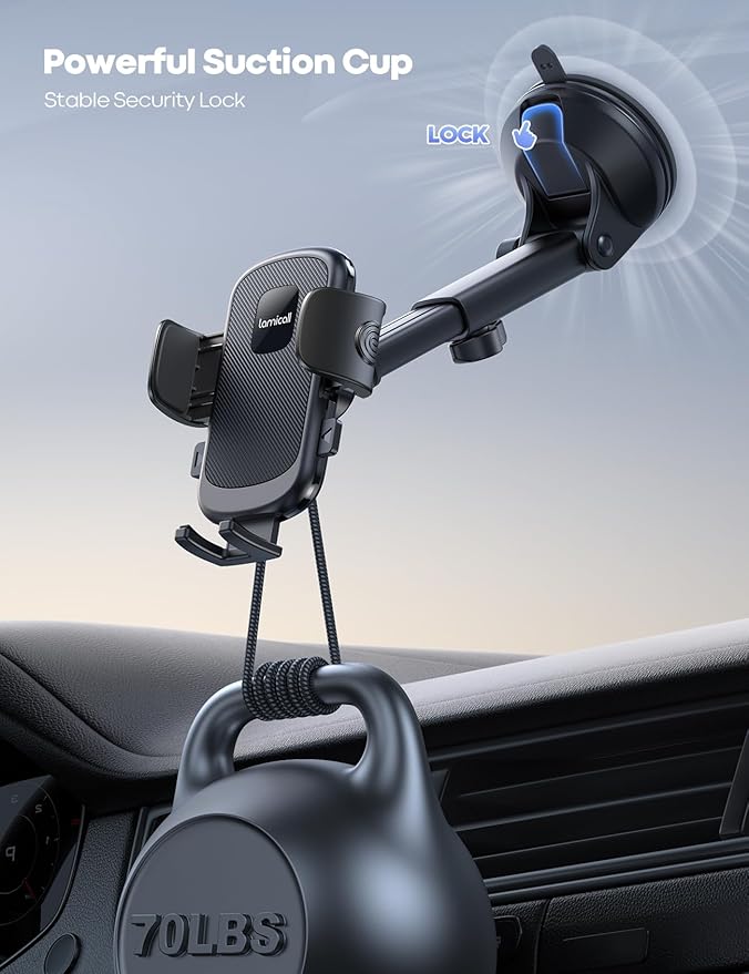 Lamicall Car Phone Mount - [Strongest Military-Grade Suction Cup] 360° Rotation Phone Holders for Your Car Quick Release Adjustable Phone Mount for Car Dashboard for iPhone 17 16 Pro Max Dark Grey