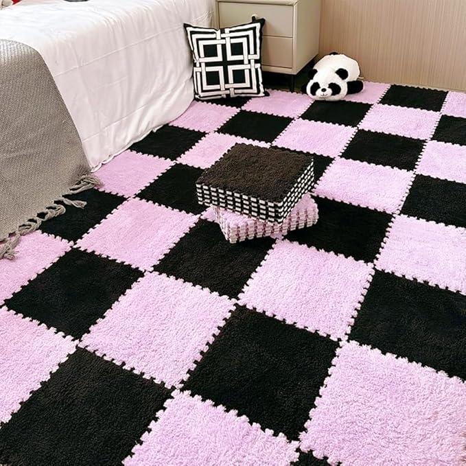 12pcs Carpet Squares Puzzle Floor Mat, Plush Interlocking Carpet Tiles, Anti Slip EVA Foam Jigsaw Floor Tiles, Build A Safe Area for Bedroom Playroom (Pink+Black)