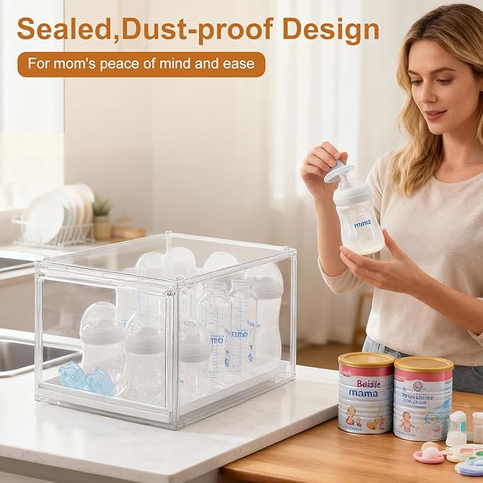 ERTIUANIO Baby Bottle Organizer, Clear Stackable Acrylic Storage for Countertop Cabinet, Baby Bottle Station Organizer with drawer for Pacifiers, Pump Parts