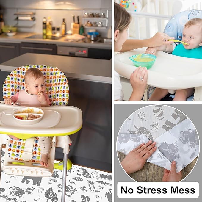Drydiet 100 Pack 28"x47" Disposable Floor Splat Mats for Under High Chair with Animals Print, Waterproof Plastic Floor Mat Multipurpose Baby Led Weaning Supplies(Forest Animal)