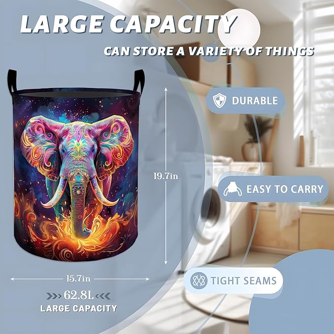 Vibrant Cosmic Elephant with Flames Laundry Basket with Handles, 19.7"x15.7" Clothes Foldable Laundry Hamper Organizer for Dorm Nursery Bedroom Bathroom Decor, Toy Storage Bin for Kids