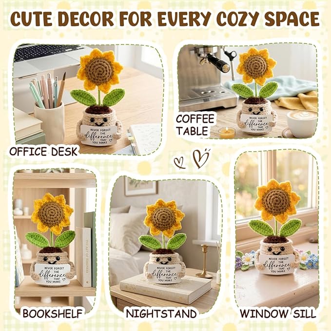 Tiny Detalles Birthday Gifts for Women - Mini Positive Crochet Sunflower, Gifts for Mom from Daughter Son on Mothers Day, Thank You Gifts for Teacher, Coworker, Friends and Sunflower Decor