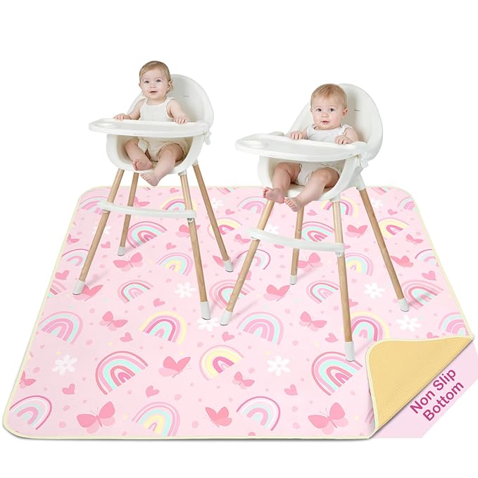 Basumee Splat Mat High Chair Mat Waterproof Baby Play Splat Mat for Under High Chair Food Catcher Highchair Mat for Floor Non Slip Bottom, Pink Rainbow, 60x60 Inches