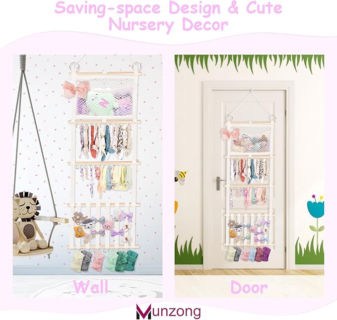 Munzong bow holder for girls hair bows 52x17 inch, Beige Hair Bow Clip Organizer for Baby Girls,Hair Accessories Storage Hanger for Toddler Kids Nursery Room Decor