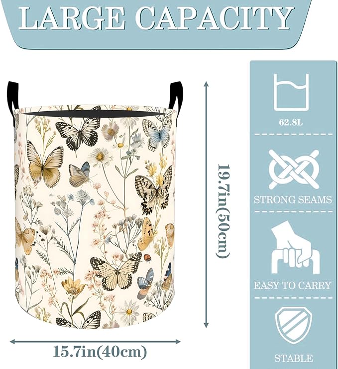 VODRM Butterfly Wildflower Botanical Laundry Basket, Dirty Collapsible Clothes Toy Organizer Hamper for Kids Adults, Oxford Cloth Waterproof Storage Bin for Bathroom Home Decor Gifts, 19.7"X15.7"