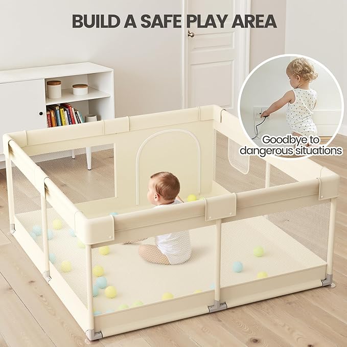 Uanlauo Beige Small Baby Playpen - 47x47in Playpen for Babies and Toddlers, Safe Indoor Play Pen, Baby Pen with Storage Bag and Breathable Mesh