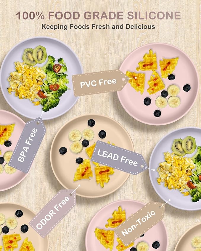 Toddler Plates with Suction 2 Pcs, BPA Free Silicone Suction Plates for Baby Toddler Kids, Baby Dinner Dishes Stick & Stay, Microwave & Dishwasher Safe