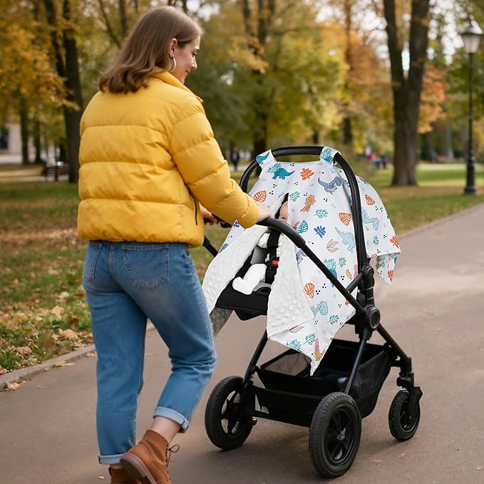 Rquite Car Seat Cover Baby, Carseat Covers Baby Girl, Winter Infant Car Seat Cover, Warm Minky Car Seat Canopy, Baby Carrier Cover with Peekaboo Opening, Multi Use Nursing Cover & Toddler Blanket