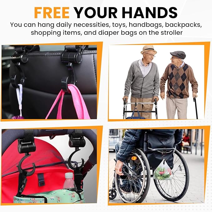 7PCS Stroller Hanging Hooks Kit, 2X 360 Degree Rotating Walker Hook and 5X Pram Buggy Clips for Diaper Bag Pushchair Stroller Purse Groceries