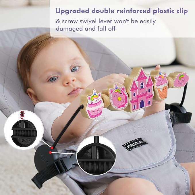 Baby Bjorn Bouncer Toy Bar, Adorable Pink Elements Wooden Toy for Bouncer Soft & Bliss, Easy to Attach and Remove, Child-Friendly Materials, Special Design for Baby Girls, Castle & Dessert