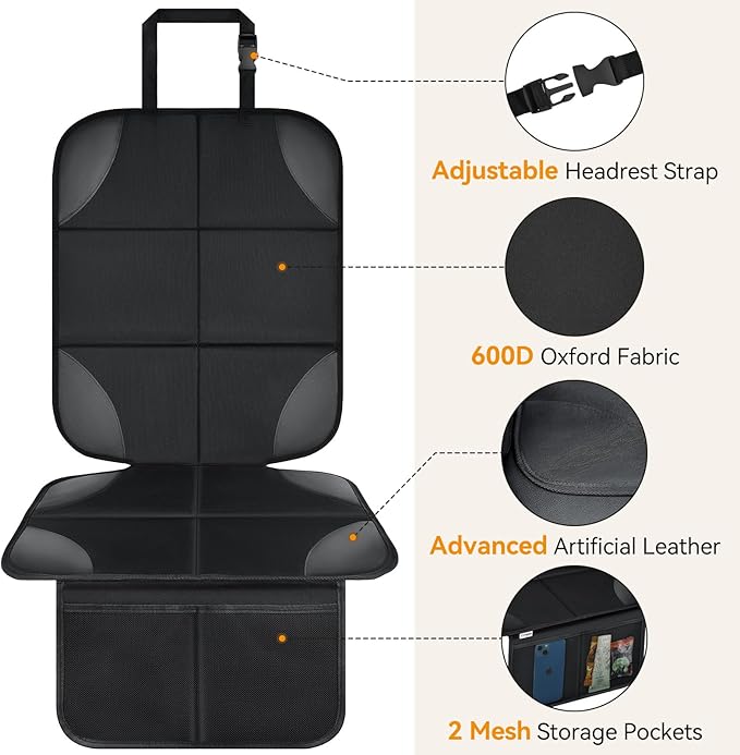 Musclez Baby Car Seat Protectors for Child Car Seat, Baby Car Seat Cover Waterproof 600D Fabric Padding Non-Slip Backing 2 Mesh Pockets, Carseat Protector for Travel Vehicles Baby Pets (Black-1pcs)