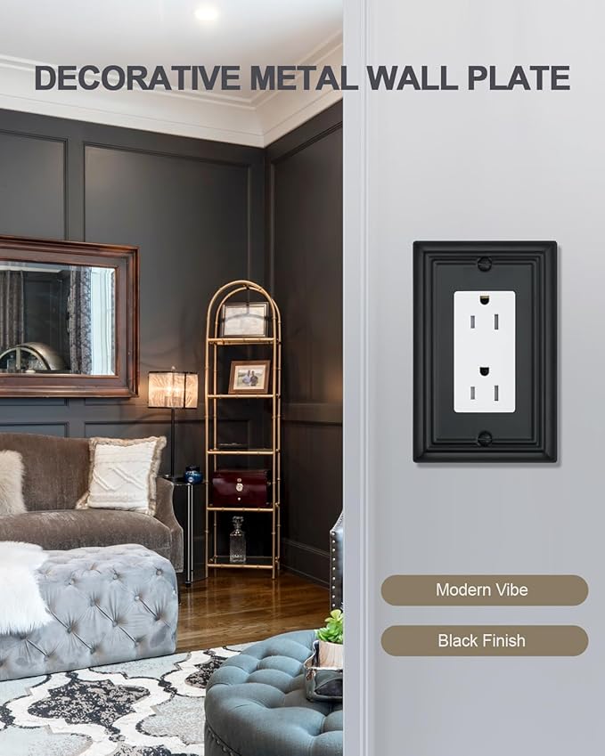 4-Pack Decorator Outlet Covers, Decorative Black Wall Plates, Metal Outlet Cover Plates for Receptacle, GFCI, Dimmer Switch, 3.15''*4.88'', Midsize