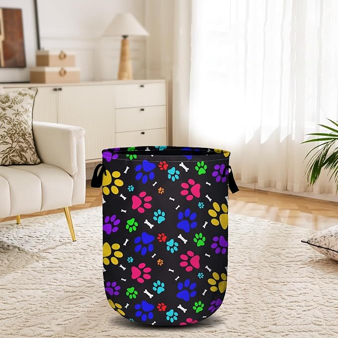 Colourful Paw Prints Bones Laundry Basket, Laundry Hamper Collapsible Oxford Cloth with Handle Clothes Toy Storage Bin for Bathroom Laundry Room Bedroom 15.7 X 20 Inch
