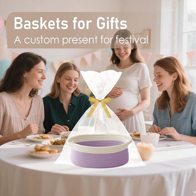 JMvicyroam Woven Basket,Small Rope Storage Bin with Handles & Ribbon Bag, Organizer for Shelves Closets,Gift Basket Empty for Birthday,Books,Dog Toys, White&Purple