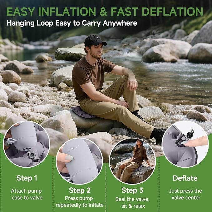 LRTOEH Inflatable Seat Cushion with Air Pump, Airplane Seat Cushion for Long Flights, Lightweight Stadium Seats Pad, Travel Portable Push-Press Air Seats Cushions for Hiking Office Car(Gray)
