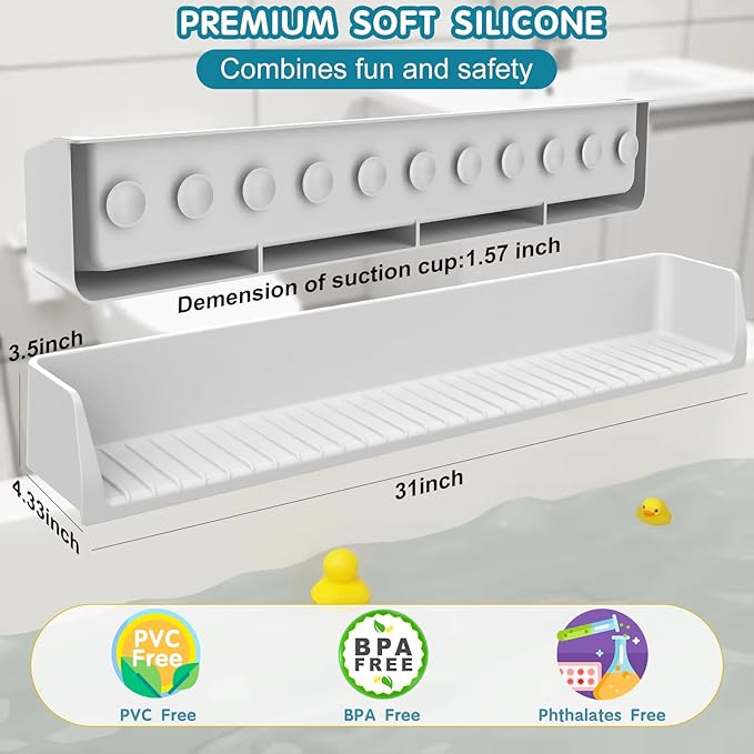 Splash Guard for Bathtub Kids, Silicone Water Bathtub Splash Guard, Bathtub Play Shelf for Kids, Tub Splash Guard Prevents Water Spills in Bathroom (2.6 FT, Grey