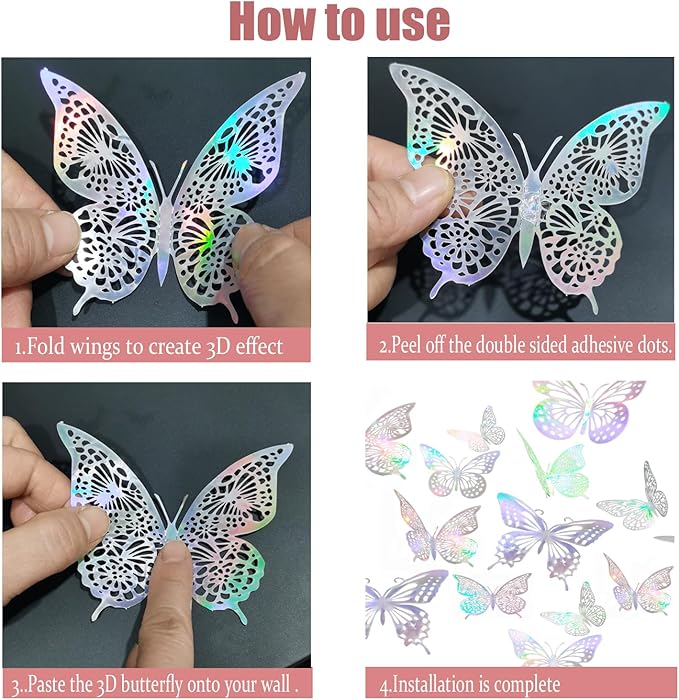JOSDIOX 3D Laser Sivery Butterfly Wall Stickers - 48 Pcs with 4 Styles & 3 Sizes, Removable Decor for Party Birthday Wedding Cake Balloon Decoration (48 Laser Sivery)