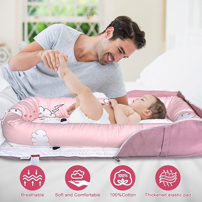 UGRASEA Baby Lounger, Foldable Portable Infant Lounger, Soft Breathable Baby Nest Cover, Suitable for 0-24 Months Newborn Baby Lounger,Home Travel Dual-Purpose Baby Nest (Pink R)