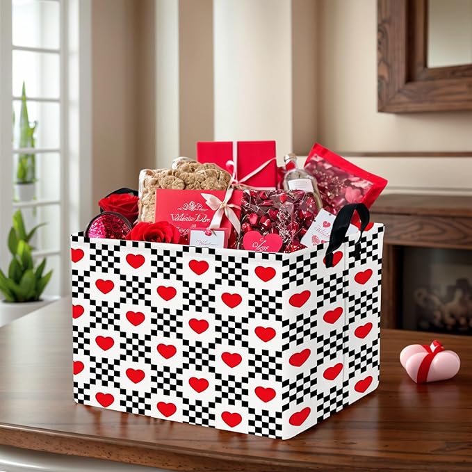ASKETAM Valentine's Day Basket for Gifts Empty Cute Heart Large Gift Basket Decorative Storage Bin for Kid and Baby Room Décor (Black and White Checkered Heart)