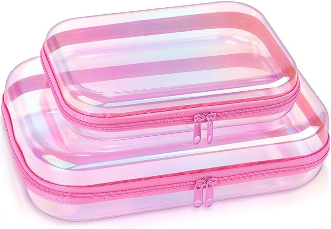 Clear Hard Shell Zipper Case,Makeup Bag,Iridescent Toiletry Bag,2pcs Large Capacity Water-resistant Toiletries Bag,Portable Travel Organizer and Storage,Bathroom Clear Cosmetic Case for Women