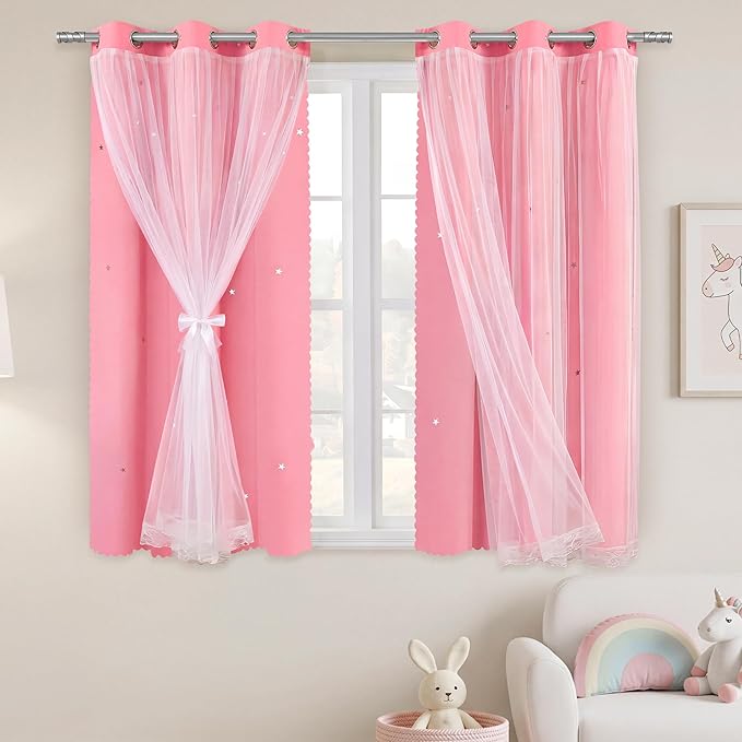 XiDi Pink Curtains with Sheer Overlay for Girls Bedroom 2 Panels Blackout Double Layer Curtains 45 Inches Length for Kids Princess Nursery Room Star Cut Out Grommet Small Window Drapes W42 X L45