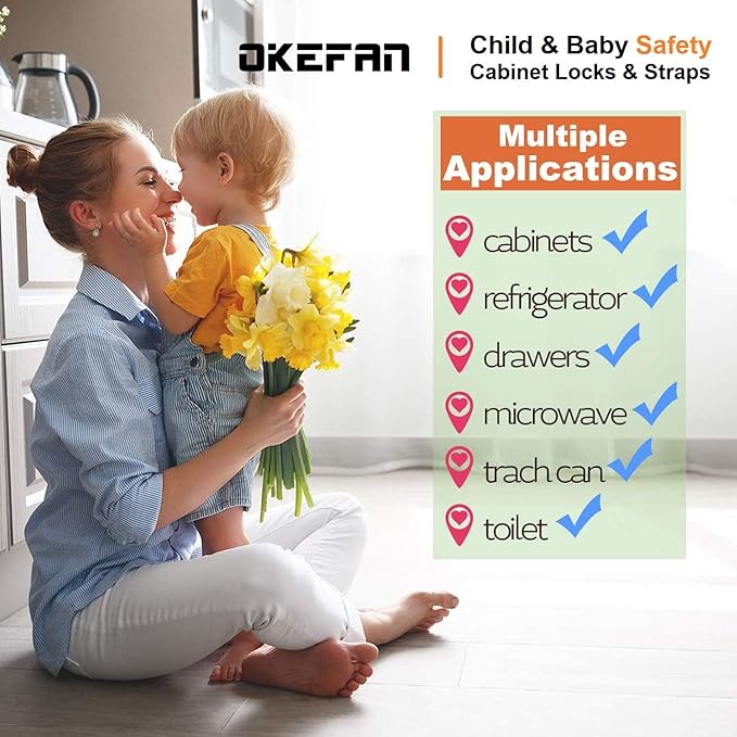 Child Safety Cabinet Strap Locks - OKEFAN 12 Pack Baby Proofing Adhesive Latches for Kids Drawer Cupboard Dishwasher Fridge Oven Door No Drill (White)