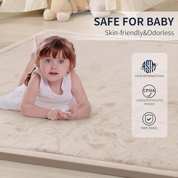 ACOMOPACK Baby Play Mat for Floor 1.3" Thick Memory Foam Play Mat 39"×59" Tummy Time Crawling with Non-slip Bottom for Living Room,Nursery,Soft Velvet Playpen Mats for Kids,Infants（Beige）