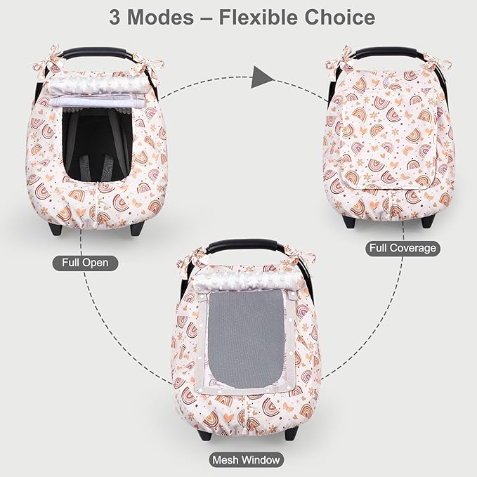 FIOBEE Baby Car Seat Cover, Car Seat Covers for Babies Infant Car Seat Canopy with Breathable Mesh Window Waterproof Carseat Cover for Babies Boy Girl 4 Seasons, Brown Rainbow