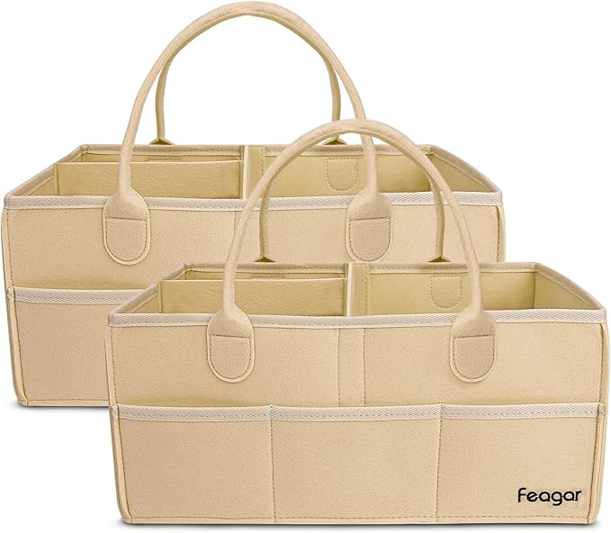 Feagar Baby Diaper Caddy Organizer, 15 Inch Large 2 Pack Set with 8 Pockets & 2 Dividers, Portable Nursery Storage Basket & Car Organizer for Changing Table, Travel (Khaki)