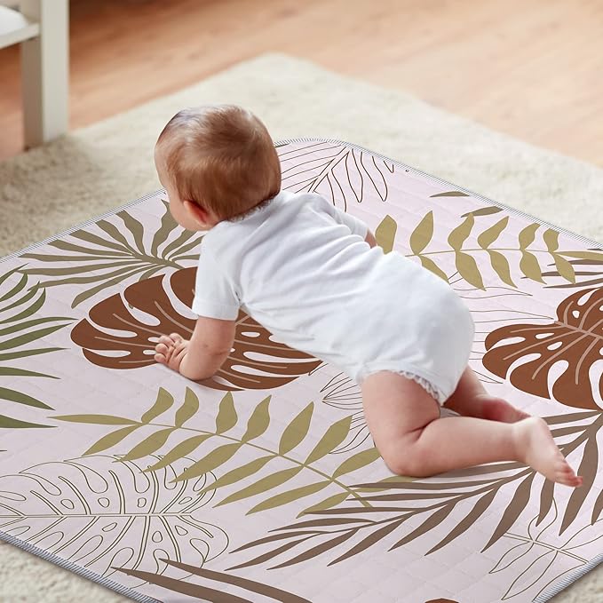 Funtery 43 x 43 Inch Boho Baby Play Mat Portable Crawling Washable Foldable Tummy Time Non Slip Baby Floor Large Playpen Mat for Infants Toddlers Floor Playpen Activity(Plant Theme)