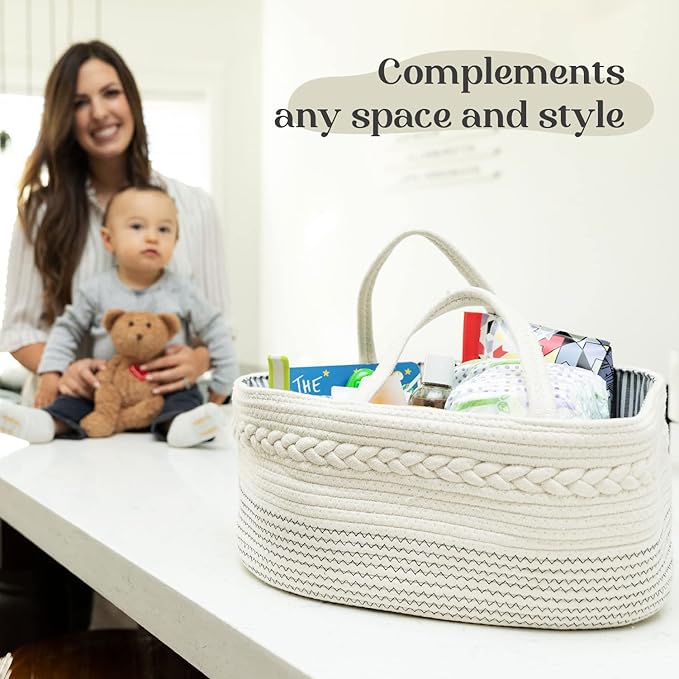 luxury little Diaper Caddy Organizer, Large Cotton Rope Nursery Baby Basket, Changing Table Organizer for Baby Diaper Storage, Portable Car Organizer Removable Divider (Off White, Large)