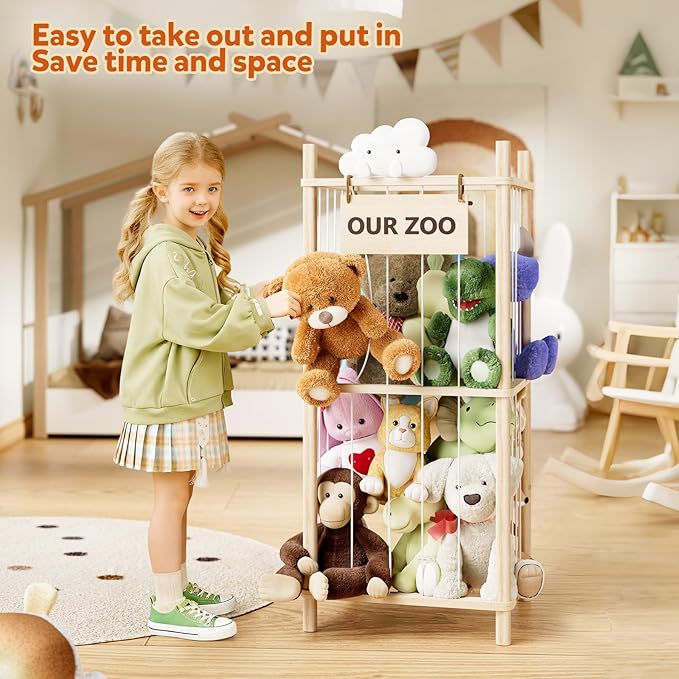 Dayacoco Stuffed Animal Storage, 2 Layer Wood Stuffed Animal Organizer Zoo, Toy Stuffy Storage Bin with Elastic Band and Net for Nursery Play Room Bedroom (Pine Wood)