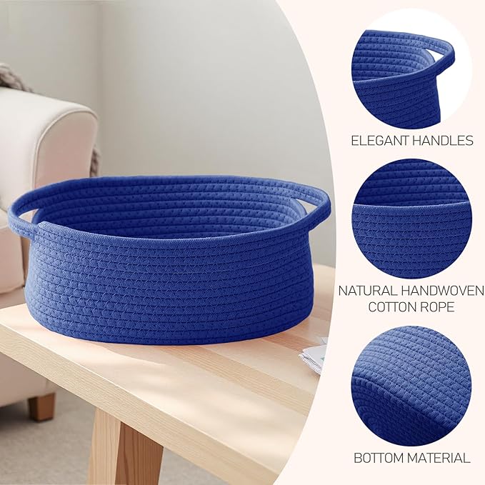 JMvicyroam Woven Basket,Small Rope Storage Bin with Handles & Ribbon Bag, Organizer for Shelves Closets,Gift Basket Empty for Birthday,Books,Dog Toys, Navy Blue/3 Pack