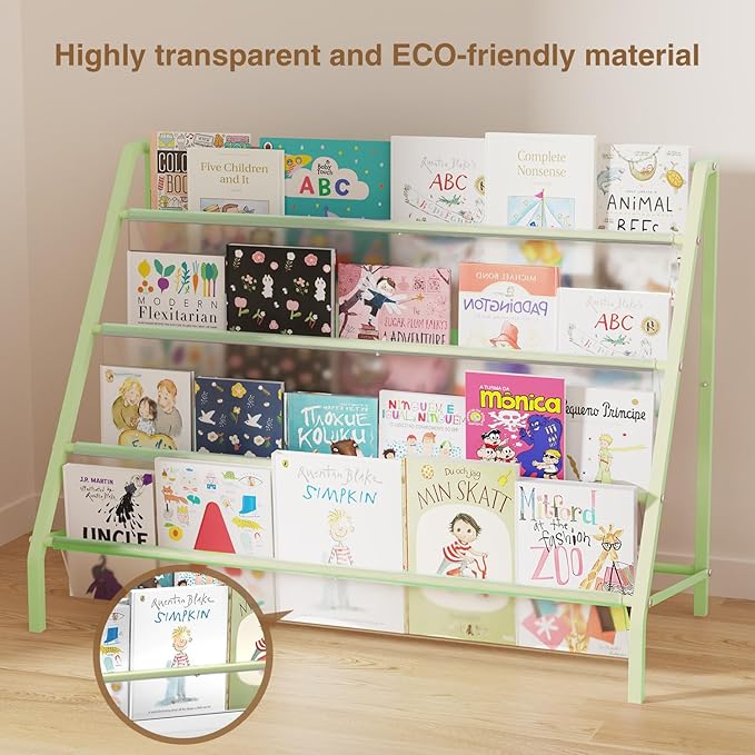 High-Transparent 4 Tier Kids Bookshelf, Sturdy Metal Large Size Book Rack Storage for Kid - Toddler Book Shelf Display for Nurasery, Playroom or Kids Room, Bookshelf Hold More Books - Green