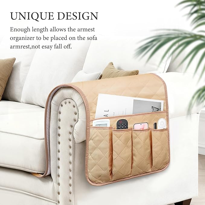 Armchair Caddy Couch Caddy, Remote Control Holder, Non-Slip Sofa Armrest Organizer, Couch Organizer with 5 Pockets, for Cell Phone TV Remote Holder Magazines (LIGHT KHAKI)