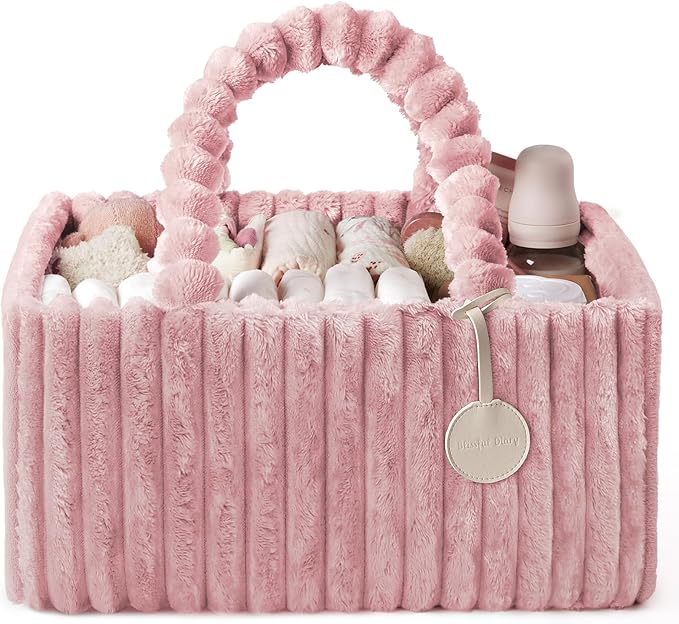 Blissful Diary Flannel Diaper Caddy Organizer, included Gift Packaging, Cozy Nursery Storage Basket, Gift for Baby Shower, Newborn Essentials, Blush Pink