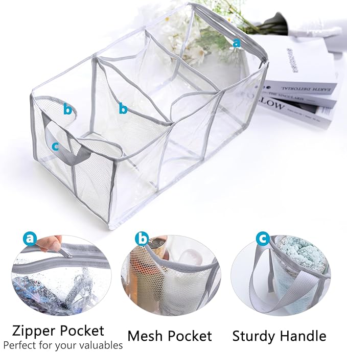 AMOIGEE Clear Beach Bag Organizer Insert with 3pcs Accessories for XL Bogg Bag Inserts - Tote Bag Divider with Sunglasses Holder, Phone Holder and Clips Hooks - Beach Tote Insert Organizer Liner