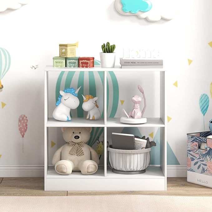 Costzon Toy Organizers and Storage, Wooden White 4-Cube Kids Bookcase for Books Toys Display Organization, Toddler Bookshelf for Bedroom, Living Room, Nursery, Playroom
