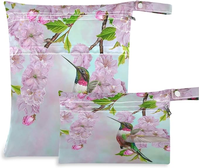 visesunny Bird Hummingbird Cherry Blossoms Spring 2Pcs Wet Bag Washable Reusable Roomy for Travel,Beach,Pool,Daycare,Stroller,Diapers,Dirty Gym Clothes, Wet Swimsuits, Toiletries