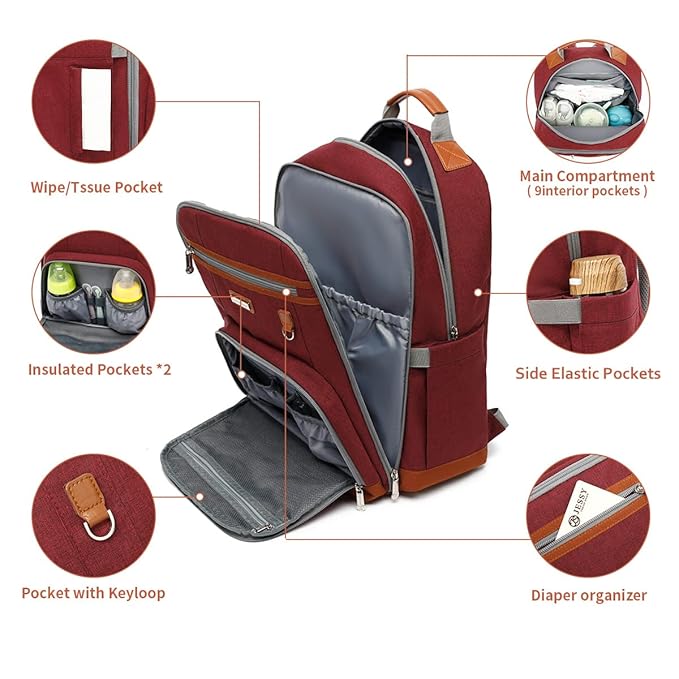 BILLITON MASHI Diaper Bag Backpack, Large Baby Nappy Bags with Portable Changing Pad for Boys and GirlsMultifunction Travel Baby Bag for Moms Dads, Shower Gifts Waterproof and Stylish，Red